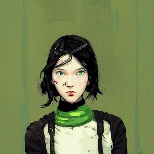 Image similar to Highly detailed portrait of a post-cyberpunk young lady with, freckles and beautiful hair by Atey Ghailan, by Loish, by Bryan Lee O'Malley, by Cliff Chiang, inspired by image comics, inspired by graphic novel cover art, inspired by nier, inspired by scott pilgrim !! Gradient green, black and white color scheme ((grafitti tag brick wall background)), trending on artstation