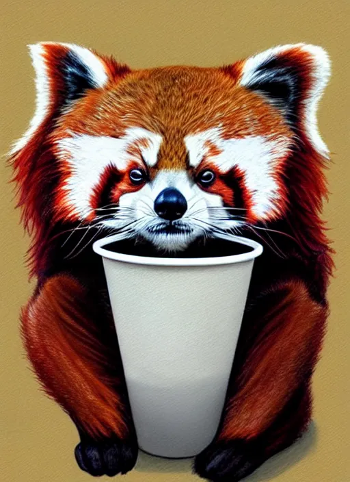 Image similar to red panda, paper cup, fantasy, woodroffe art style, highly detailed, digital painting, artstation, concept art, illustration, art by patrick james woodroffe!!!