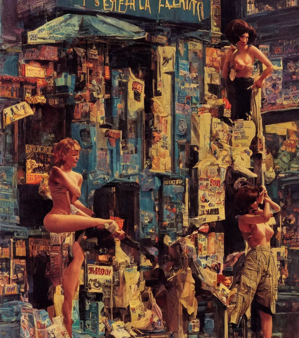 Image similar to standing portrait of ecstatic sza looking into the camera standing smoking a cigarette, summer, warm street lights store front, 1 9 6 0 s technicolor, intricate, moody, personal, highly detailed, short focus depth, donato giancola, joseph christian leyendecker, frank frazetta, alex horley, ralph horsley, michael whelan, 2 0 0 mm focal length