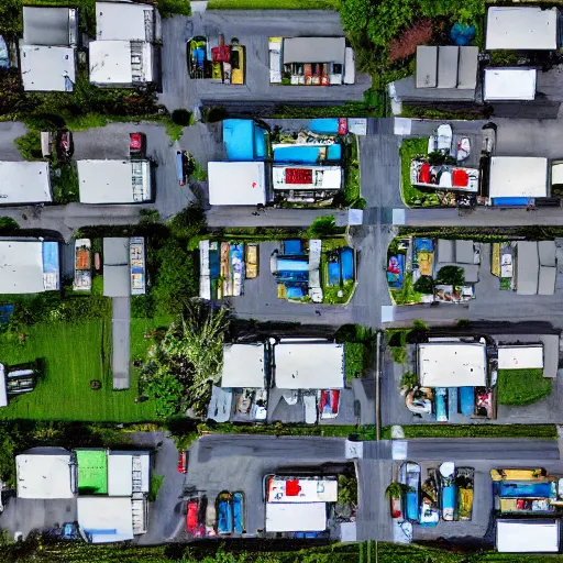 Image similar to top down view of a poor trailer park, realistic, hdr, hdd, 8 k,