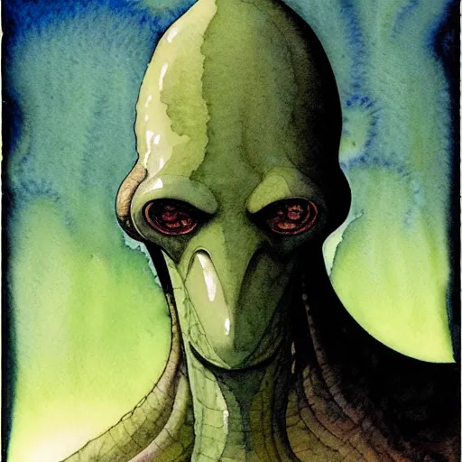 Image similar to a simple and atmospheric watercolour portrait of a pulp sci - fi alien repdiloid, very muted colors, by rebecca guay, michael kaluta, charles vess and jean moebius giraud