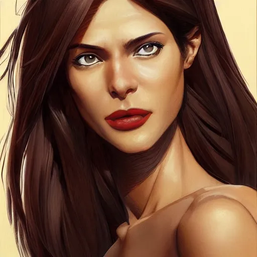 Image similar to a tall, tan skinned woman with sunken, dark brown eyes, defined cheekbones and a large nose. she has lank, brown hair, wears reddish lipstick, and she has a crooked smile. detailed face, smooth, sharp focus, graphic novel, by artgerm and greg rutkowski and pepe larraz