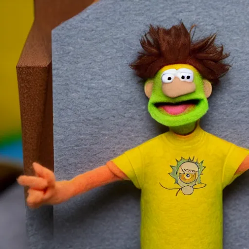 Prompt: morty smith as a muppet with peach skin, shirt brown hair and yellow tshirt. highly detailed felt. hyper real photo. 4 k.