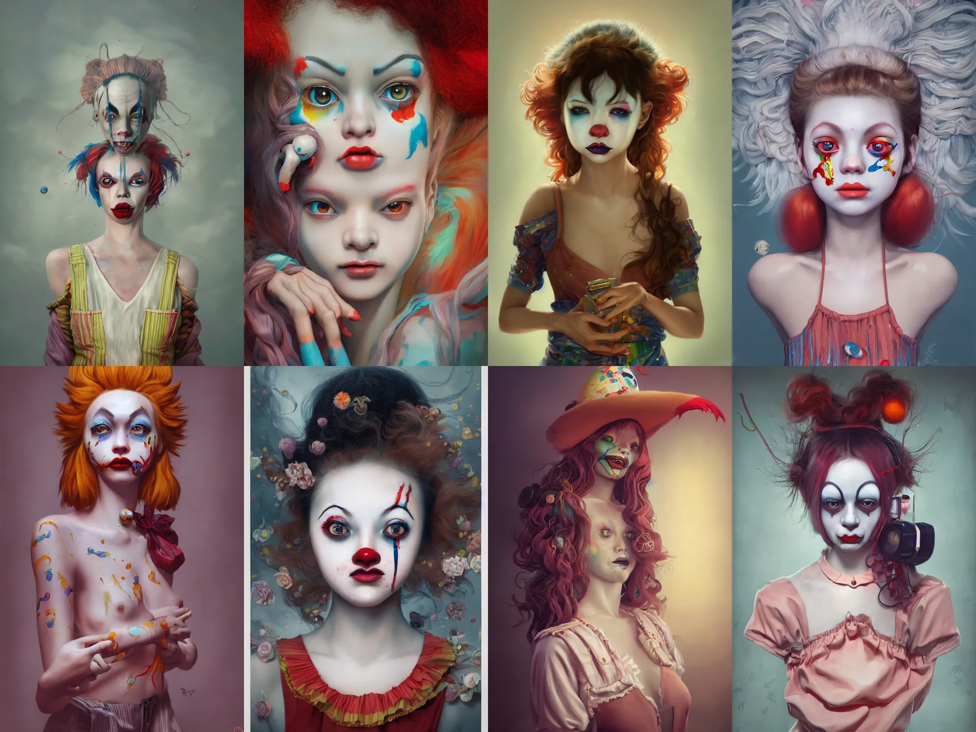 Image similar to breathtaking detailed painting of clown girl , with anxious, piercing eyes, Atari game cover art by Hsiao-Ron Cheng, James jean, Miho Hirano, Hayao Miyazaki, extremely moody lighting, hyperrealistic, octane render, RPG portrait, ambient light, dynamic lighting