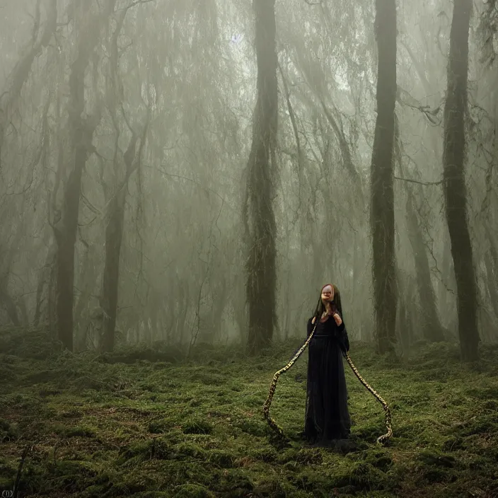 Prompt: a woman wrapped in chains, dragging a pile of chains, in a foggy mossy forest, by Omar Z. Robles, CANON Eos C300, ƒ1.8, 35mm, 8K, medium-format print