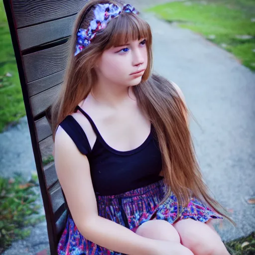 Prompt: dslr photo of a pretty teen girl, sitting on a bench wearing a flower skirt with small ruffles, and body and wearing hemp sandals, artgerm, artstation, very high quality face, extremely high quality, moody lighting, real camera, real photo, photography by deviantart, 8 k