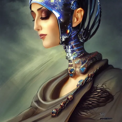 Image similar to a beautiful arabian woman wearing a futuristic dress by alexander mcqueen, thom browne, karol bak, ayami kojima, artgerm, arabian beauty, blue eyes, smile, concept art, fantasy