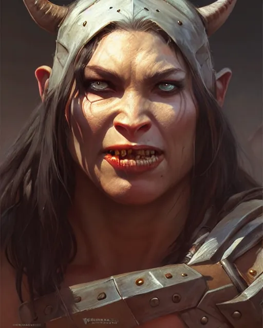 Image similar to a female orc barbarian | | realistic shaded, fine details, realistic shaded lighting poster by greg rutkowski, magali villeneuve, artgerm, jeremy lipkin and michael garmash and rob rey