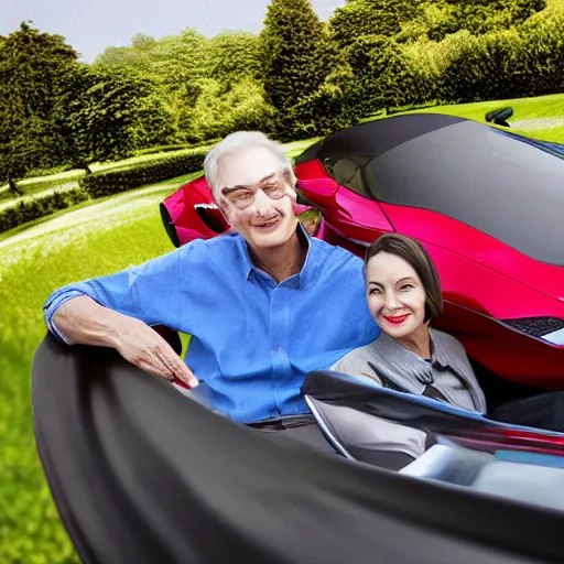 Image similar to 0 8 s photo of elder couple, pose like the new sweet lover in the paddle field with red super car, photo realistic, high - detail,