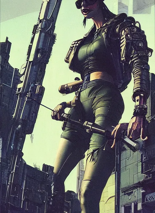 Image similar to menacing cyberpunk mercenary in tactical harbess and jumpsuit. dystopian. portrait by stonehouse and mœbius and will eisner and gil elvgren and pixar. realistic proportions. cyberpunk 2 0 7 7, apex, blade runner 2 0 4 9 concept art. cel shading. attractive face. thick lines.