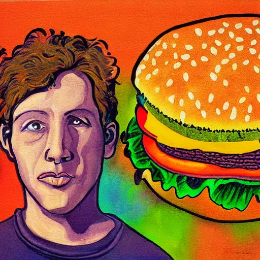 Image similar to psychedelic painting of a man eating a hamburger