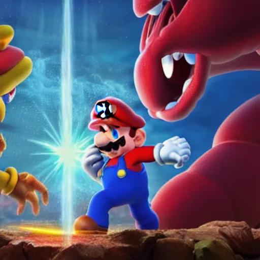 Image similar to mario battling bowser in the style of elden ring extremely detailed awe stunning beautiful volumetric light hyper real, 8k, colorful, 3D cinematic