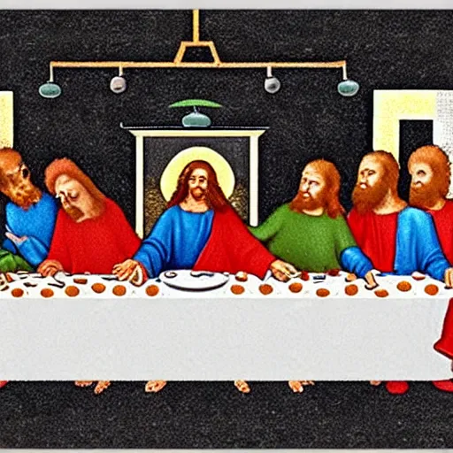 Prompt: the last supper, but with aliens and alien food