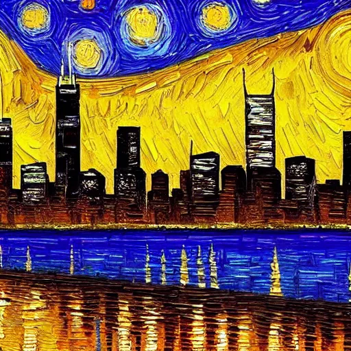 Image similar to painting of the chicago skyline in the style of van gogh