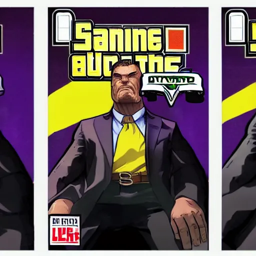 Prompt: Thanos wearing a business suit in GTA V, cover art by Stephen Bliss, boxart, loading screen