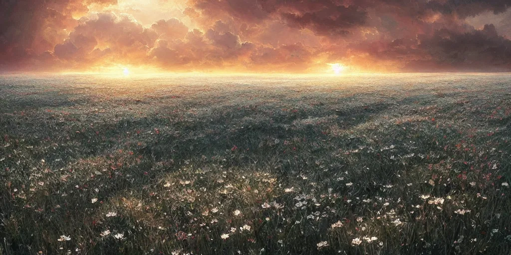 Prompt: concept art of a white flower field stained in blood, dramatic, epic painting, sunset skies, painting by wlop, nixeu and greg rutkowski, beautiful, semirealism, artstation, octane render, oil painting, sharpness, 8 k, golden ratio