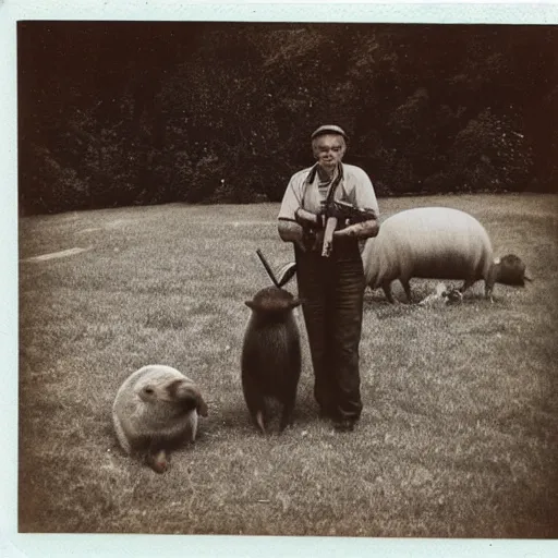 Image similar to old polaroid photo of an old man holding a rifle and standing proudly next to a giant capybara sleeping