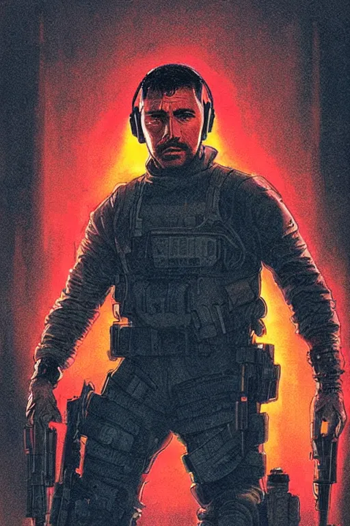 Prompt: Hector. confident blackops mercenary in tactical gear and cyberpunk headset. Blade Runner 2049. concept art by James Gurney and Mœbius.