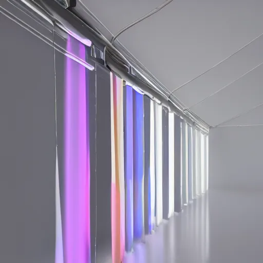 Image similar to an ultra high definition professional studio quality photograph of a transparent iridescent perspex pastel coloured combined raincoat and tent on a coat hook in an empty white room. dramatic lighting, ray tracing, refraction, shallow d. o. f, colour corrected, golden ratio, three point light. volumetric shadows. light rays.