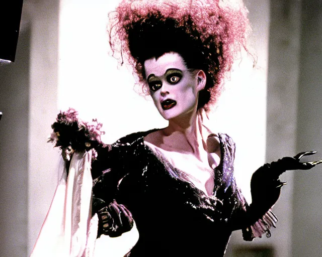 Prompt: bride of frankenstein as lydia in beetlejuice, 1 9 8 8, cdx