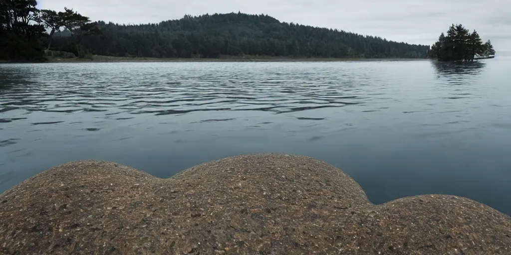 Prompt: centered photograph of a single thick rope zig zagging winding across the surface of the water into the distance, floating submerged rope stretching out towards the center of the lake, a dark lake on a cloudy day, color film, a pebble beach in foreground and trees in the background, hyper - detailed photo, anamorphic lens