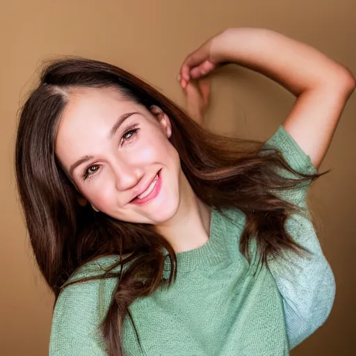 Image similar to Photograph of April, a cute young woman, long shiny bronze brown hair, full round face, green eyes, medium skin tone, light cute freckles, light blush, smiling softly, wearing casual clothing, interior lighting, cozy living room background, medium shot, mid-shot, hyperdetailed, hyperreal,