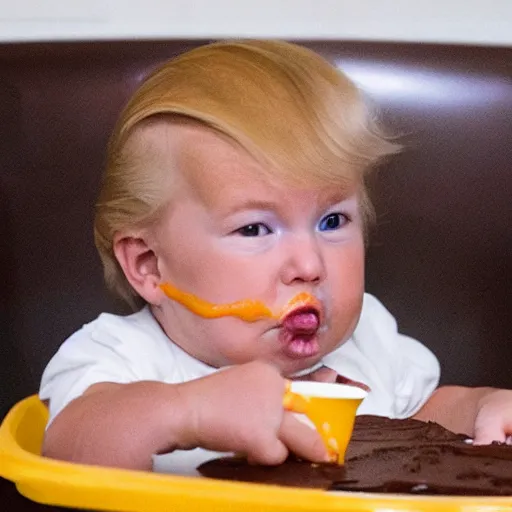 Prompt: donald trump is a baby in a highchair with chocolate pudding on his face