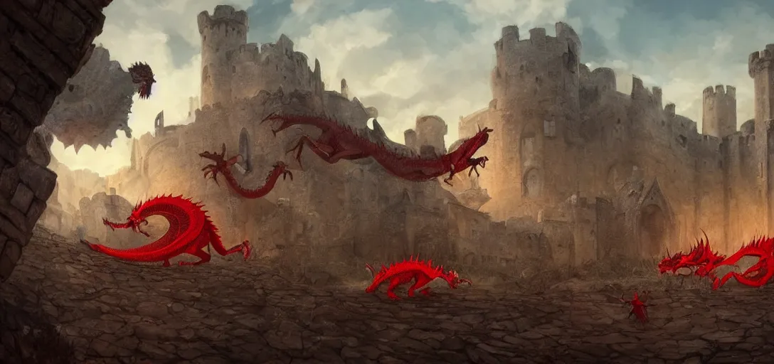 Image similar to wide angle, medieval explorers being chased by a red dragon through castle ruins, lake, realistic digital painting, concept art, coherent design, vivid color, complementary color, rule of thirds, detailed, sharp lines, intricate, in the style of forgotten realms, by studio ghibli, by greg rutkowski, by anato finnstark, deviantart, octane render, cgi