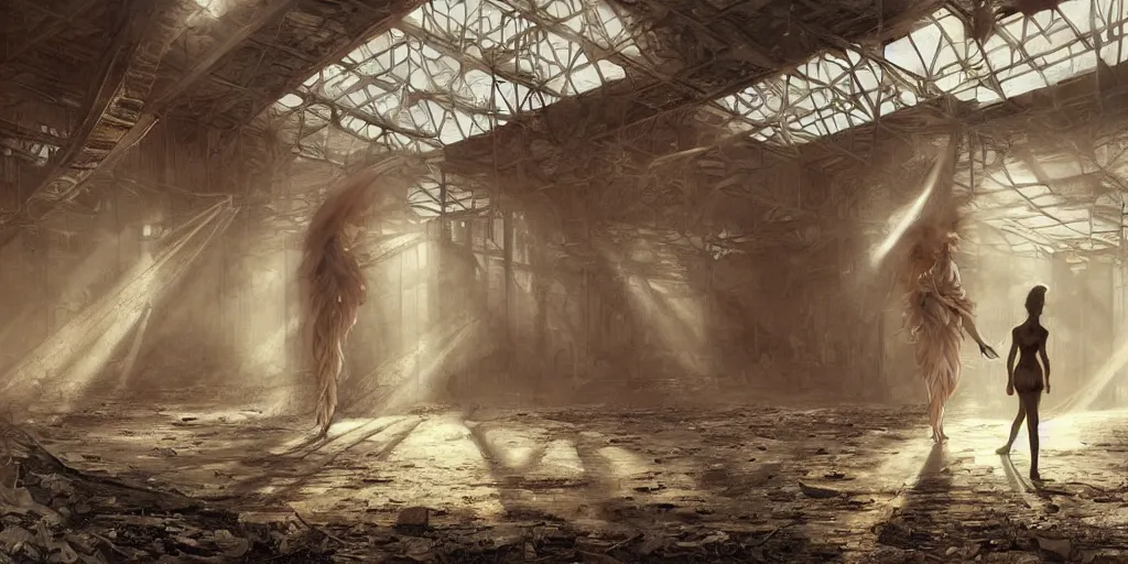 Image similar to “two figures enter abandoned derelict stadium, volumetric rays, wide angle, cinematic lighting, intricate, elegant, highly detailed, digital painting, artstation, sharp focus, illustration, art by artgerm and greg rutkowski and alphonse mucha and Wayne Barlowe and william-adolphe bouguereau ”