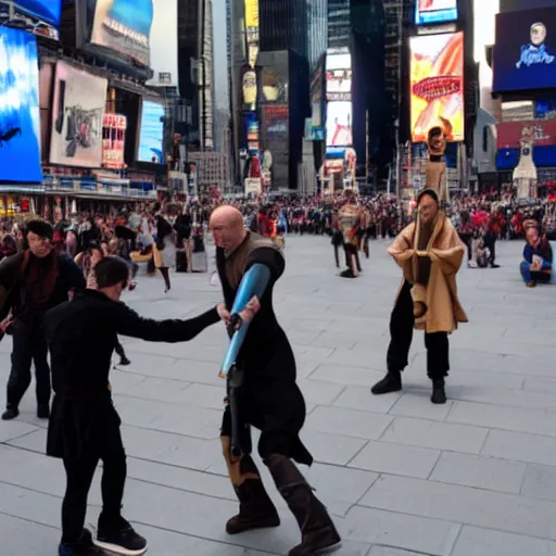 Image similar to a jedi in a battle with voldemort among the people in times square