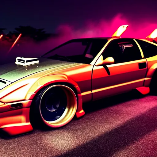 Image similar to a car 300ZX turbo drift at illegal car meet, Chiba prefecture, city midnight mist lights, cinematic lighting, photorealistic, highly detailed wheels, high detail