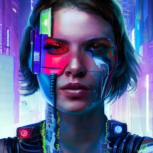 Prompt: a portrait of a neon cyberpunk young girl by sandra chevrier, detailed render, epic composition, cybernetics, 4 k realistic, cryengine, realistic shaded lighting, sharp focus, masterpiece, by matteo scalera, gary montalbano, peter elson in the style of the tokyo ghost comic