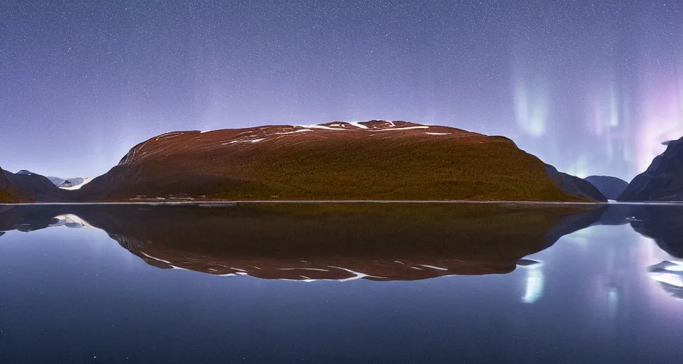 Prompt: a Norwegian fjord surrounded by mountains at night with the northern lights overhead, trees on the mountain sides, completely still mirror water reflecting the surroundings