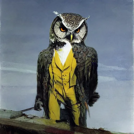 Prompt: shredded physique feathered round neck beak Portrait of Henry James camouflaged as Owl whilst wearing a yellow tuxedo Standing atop a Garbage Truck Greg Rutkowski Vik Muniz clarence holbrook carter Andrew Wyeth Dan Witz