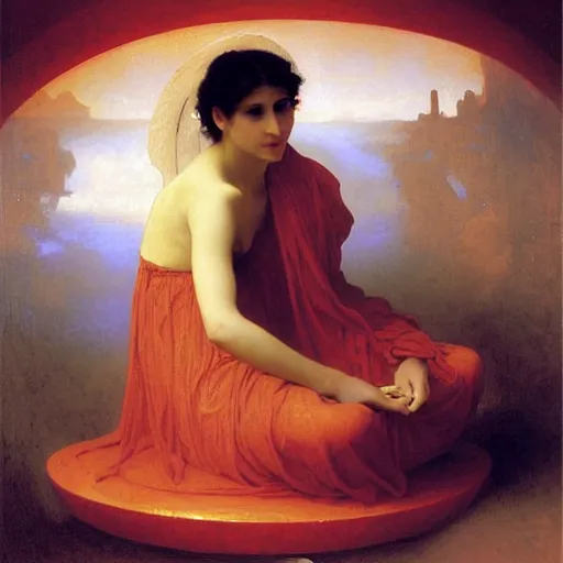 Image similar to Angel crying on top of a red ocean cube, oil painting by William-Adolphe Bouguereau