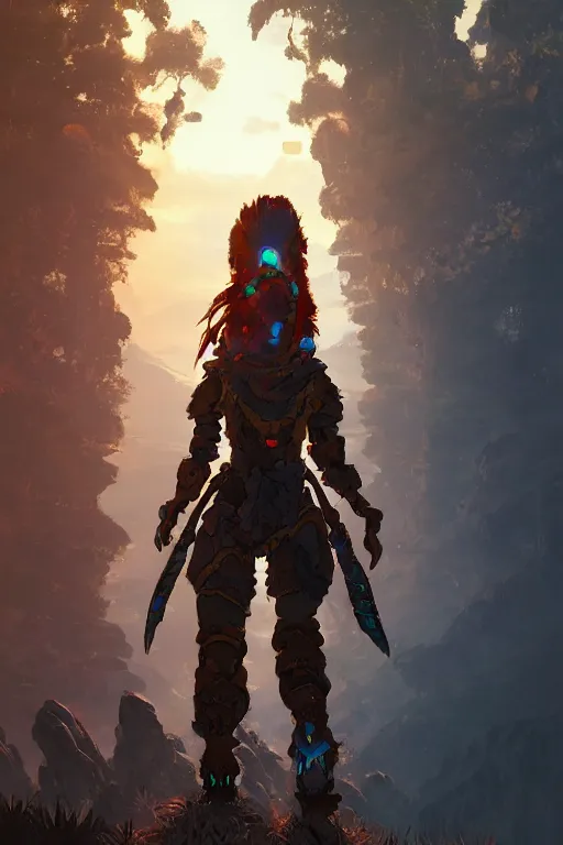 Image similar to combination suit armor aloy horizon forbidden west horizon zero dawn radiating a glowing aura global illumination ray tracing hdr fanart arstation by ian pesty and alena aenami artworks in 4 k tribal robot ninja mask helmet backpack