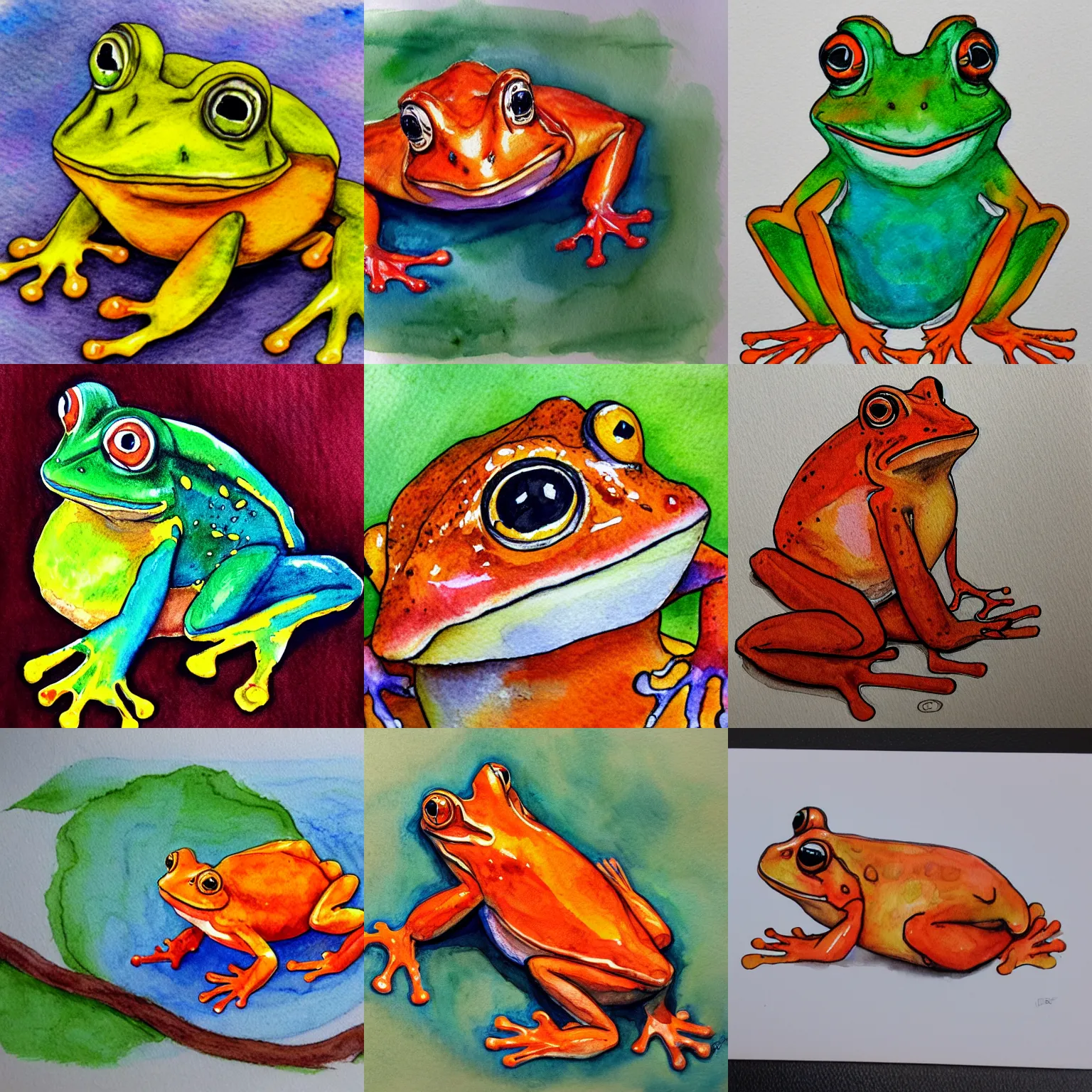 Prompt: orange frog, watercolor and pen