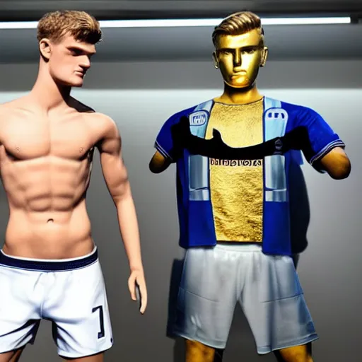 Image similar to a realistic detailed photo of a guy who is an attractive humanoid who is half robot and half humanoid, who is a male android, soccer players martin ødegaard & timo werner, shiny skin, posing like a statue, blank stare, in a factory, on display, showing off his muscles, gold soccer shorts, side view, looking at each other mindlessly