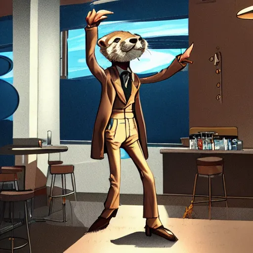 Prompt: anthropomorphic furry otter wearing cool clothes in a coffee shop, trending on art station, furaffinity, syd mead