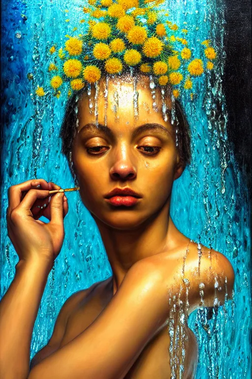 Image similar to hyperrealistic precisionist cinematic profile very expressive! oshun goddess, ophelia in water! john everett millais, mirror dripping droplet!, gold flowers, highly detailed face, digital art masterpiece, smooth eric zener cam de leon, dramatic pearlescent turquoise light on one side, low angle uhd 8 k, shallow depth of field