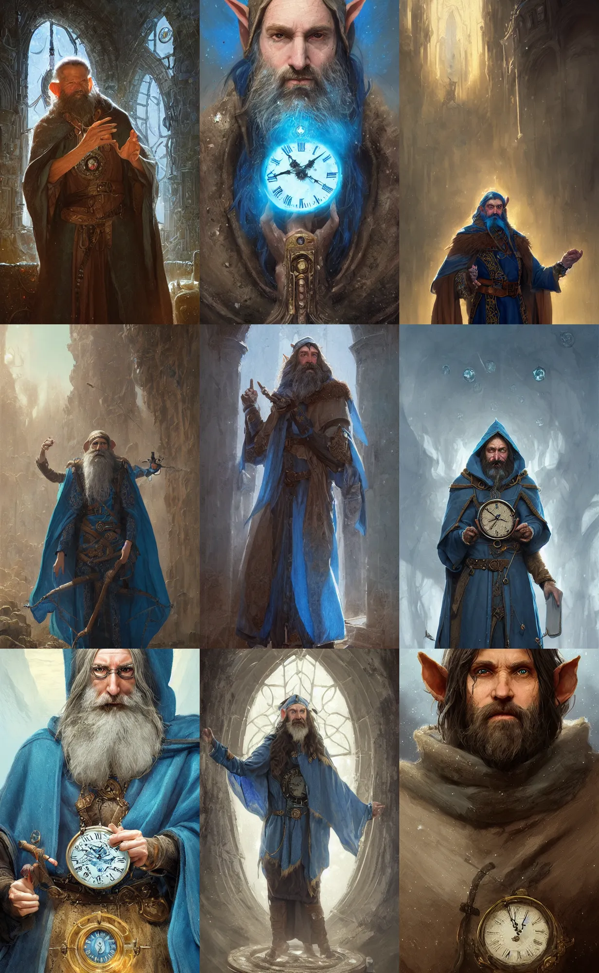 Image similar to portrait of a middle aged elf with a long beard, dressed in a blue cloak with clock iconography, brown hair, raised hand, detailed face, fantasy, highly detailed, cinematic lighting, digital art painting by greg rutkowski