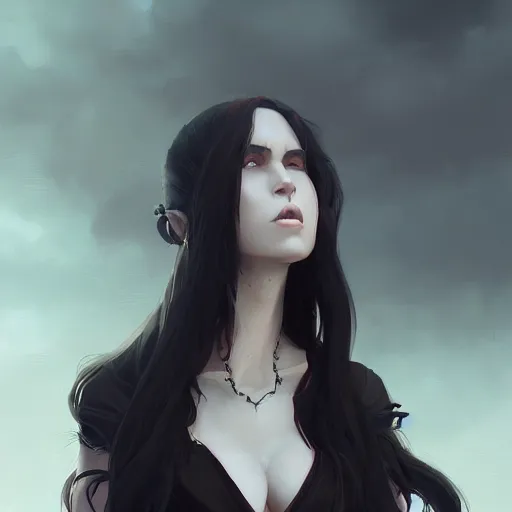 Image similar to female human vampire witch in the style of greg rutkowski, makoto shinkai, trending on artstation, character design, concept art, pretty face, highly detailed, long black hair, portrait, digital art