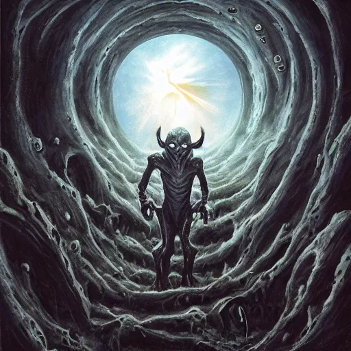 Image similar to an arrogant goblin steps casually into the abyssal portal, only to be met with unimaginable horrors from beyond. his body and mind are completely annihilated as he witnesses the end of time. space itself begins to warp into a single point of light and for a few silent moments the goblin knows everything, from his world and beyond. dark fantasy, oil painting, high detail