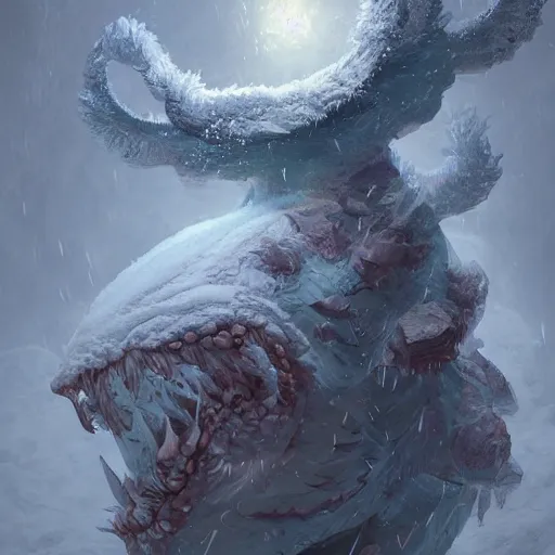 Image similar to A monster in the Arctic covered in snow, fractal Lighting, by Stanley Artgerm Lau, WLOP, Rossdraws, James Jean, Andrei Riabovitchev, Marc Simonetti, and Sakimichan, trending on artstation