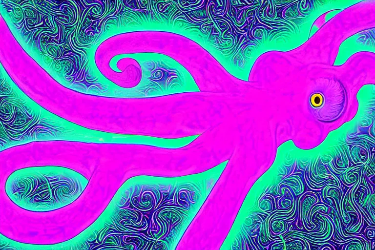 Image similar to digital art of a realistic bright glowing neon purple octopus floating in space by alex grey, (arcylic), ((synthwave)),