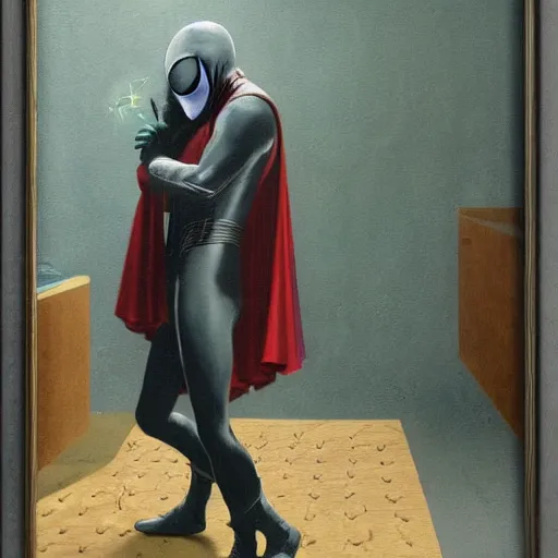 Image similar to Mysterio, Spider-Man, eating dinner, artwork by Franz Sedlacek,