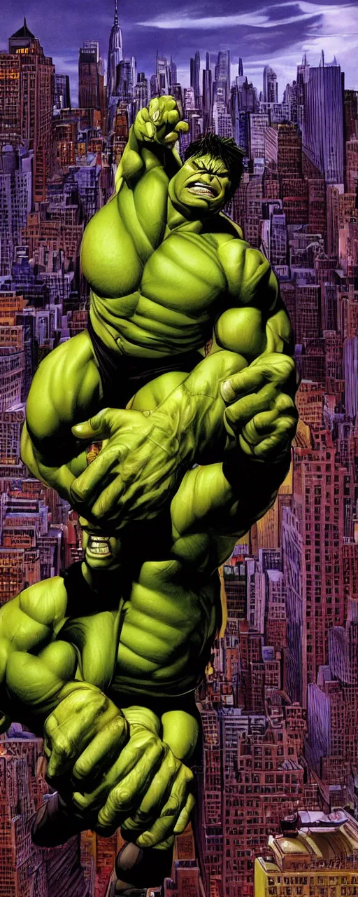 Image similar to a portrait of the incredible hulk looking angry in new york city by alex ross dramatic lighting.