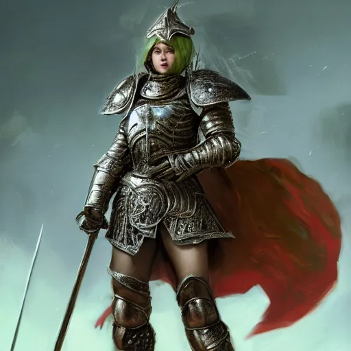 Image similar to highly detailed full body portrait painting of a proud young female knight wearing heavy armour in the style of Warhammer Fantasy by Craig Mullins and Lorenzo Nuti, medium hair, green eyes, earrings, low perspective, highly detailed, trending on artstation, cgsociety , 4k, 8k, HDR, octane render, unreal engine