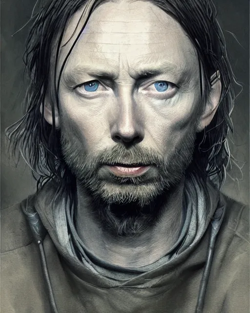 Image similar to thom yorke, hyper realistic face, beautiful eyes, fantasy art, in the style of greg rutkowski, intricate, hyper detailed, smooth