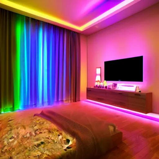 Image similar to govee led strip lighting in room, scene, colourful, 8 k, unreal engine, realistic, house and home,